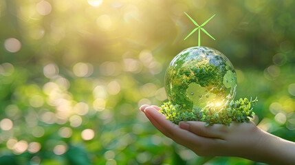 Wall Mural - a hand extending upward, holding a small, lush globe covered in greenery with a bright green wind turbine spinning atop