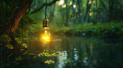 Lightbulb hanging over pond with bioluminescent algae bio-inspired green energy