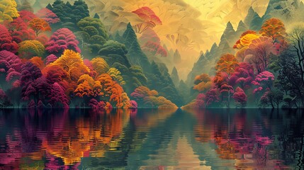 A beautiful landscape illustration of a forest with autumnal colors, pink, orange, brown and golden trees,  reflecting on a stunning lake