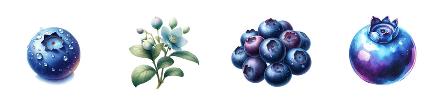 Watercolor blueberries on white background
