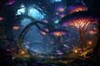 © PrusarooYakk - Mystical forest with glowing bioluminescent mushrooms and enchanted trees in a magical, surreal landscape under a twilight sky.