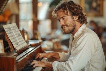 A pianist is playing music on a keyboard in a room