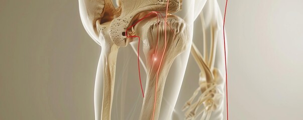 Wall Mural - A clinical diagram depicting a red line in the anterior right thigh to represent crural nerves, emphasizing bone and ligament alignment for medical analysis