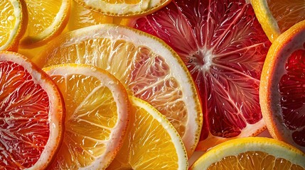 Wall Mural - There are slices of various citrus fruits, including lemon, orange, and blood orange.

