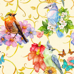 Wall Mural - seamless texture with colorful flowers and birds, butterflies against golden floral ornament on paper background. watercolor painting.