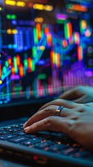 Wall Mural - Close up of hands typing on Laptop With Stock Charts Displayed