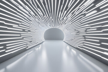 Wall Mural - A long white hallway with a sleek, modern design stretches into the distance.
The hallway is illuminated by bright lights embedded in the ceiling.
This image creates a futuristic and spacious feel.