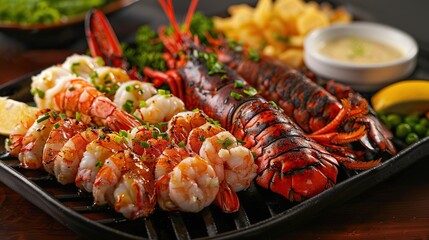 There are several metal trays full of cooked shrimp and other seafood on a table.

