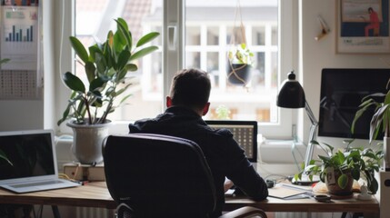 Sticker - A man is sitting at a desk with a laptop and a potted plant in front of him