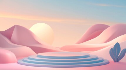 Wall Mural - A showcase for goods against the background of sunset. Illustration. An empty showcase for displaying goods. 3D rendering.