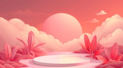 Wall Mural - A showcase for goods against the background of sunset. Illustration. An empty showcase for displaying goods. 3D rendering.