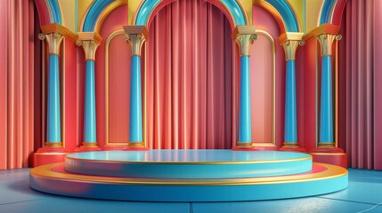 Wall Mural - An empty stage, against a background of blue columns.