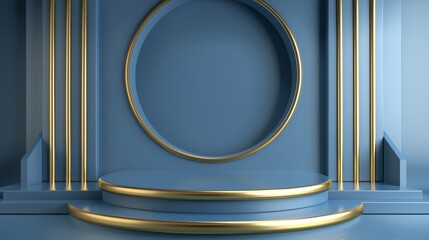 Wall Mural - A blue round podium with a gold border, an empty showcase for displaying goods. 3D rendering.