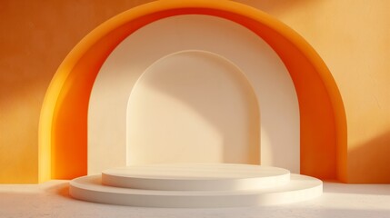 Wall Mural - An empty beige podium on an orange background with an arch.  An empty showcase for displaying goods. 3D rendering.