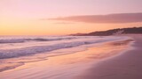 Fototapeta  - A beach at sunset. The sky is a gradient of orange and pink, and the sun is setting over the ocean. The waves are gently crashing on the shore.