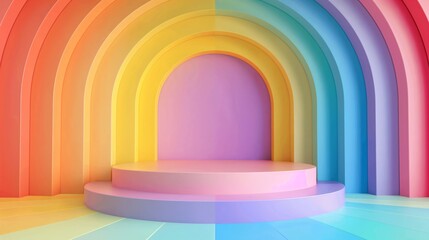 Wall Mural - An empty podium on a multicolored rainbow background, an empty showcase for displaying goods. 3D rendering.