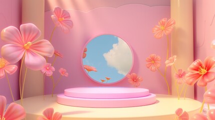 Wall Mural - An empty round podium on a spring background with pink flowers and blue clouds.  An empty showcase for displaying goods. 3D rendering.