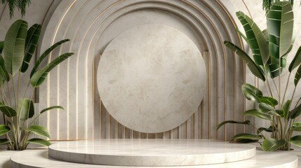 Wall Mural - An empty round grey concrete podium, against a background of potted indoor plants.   An empty showcase for displaying goods. 3D rendering.