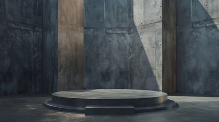 Wall Mural - An empty round podium, against a background of dark gray concrete.  An empty showcase for displaying goods. 3D rendering.b