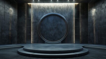 Wall Mural - An empty round podium on a black background, illuminated.   An empty showcase for displaying goods. 3D rendering.b