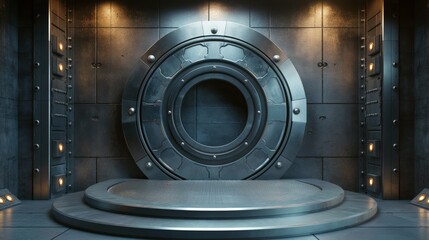 Wall Mural - Round podium in the center, military metal background. An empty showcase for displaying goods. 3D rendering.