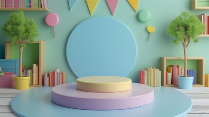 Wall Mural - An empty round podium, against the background of a children's room with books. bright color.   An empty showcase for displaying goods. 3D rendering.
