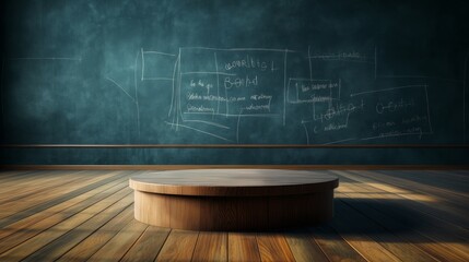 Wall Mural - A round podium on the background of a school classroom.  An empty showcase for displaying goods. 3D rendering.