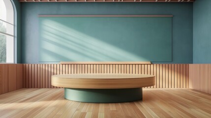 Wall Mural - A round podium on the background of a school classroom.  An empty showcase for displaying goods. 3D rendering.