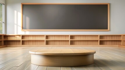 Wall Mural - A round podium on the background of a school classroom.  An empty showcase for displaying goods. 3D rendering.