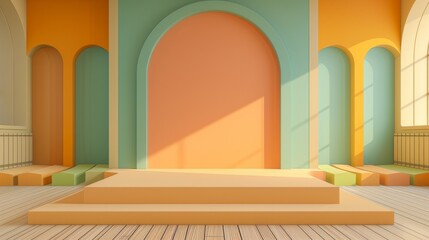 Wall Mural - Yellow square podium on the background of the arch, warm tone.   An empty showcase for displaying goods. 3D rendering.