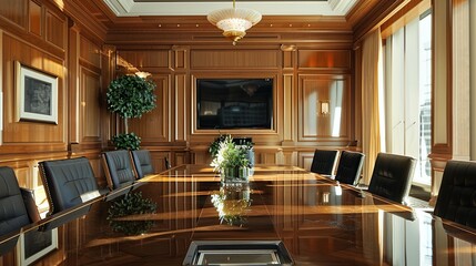Wall Mural - A large conference room with a long oval table and many chairs. There are windows, a painting, a television, and a speaker system.