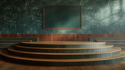 Wall Mural - A round podium on the background of a school classroom.  An empty showcase for displaying goods. 3D rendering.