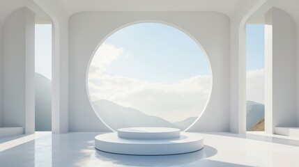 Wall Mural - A white podium on the background of a round window.  An empty showcase for displaying goods. 3D rendering.