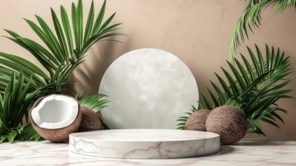 Wall Mural - Podium on the background of coconuts and tropical leaves.  An empty showcase for displaying goods. 3D rendering.