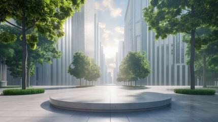 Wall Mural - Podium on the background of a big city street.  An empty showcase for displaying goods. 3D rendering.