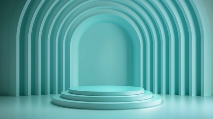 Wall Mural - Blue round podium arch background.  An empty showcase for displaying goods. 3D rendering.