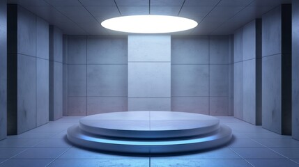 Wall Mural - A circular podium in the center of the blue room. An empty showcase for displaying goods. 3D rendering.