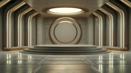 Wall Mural - A circular podium in the center of the golden room. An empty showcase for displaying goods. 3D rendering.