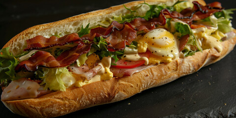 Wall Mural - Perfect high protein baguette based subway sandwich with scrambled egg crispy bacon and lettuce