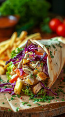 Wall Mural - shawarma gyros or kebab style tortilla roll with beef vegetables and fries