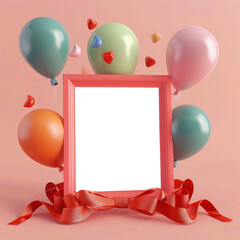 Wall Mural - Birthday frame with balloons on a pink background,  red ribbon wrapped around the picture frame, balloons floating around the frame. Birthday wish photo frame.