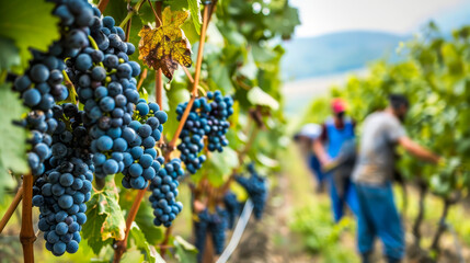 Sticker - Vineyards with grapevine, bunches of grapes Hanging vine plant.