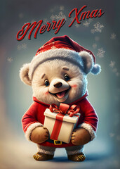 Cute Smiling Fluffy Teddy Bear With Christmas Gift Wishing Merry Xmas 300 PPI High Resolution Image Suitable for Wall Art Poster Print And Gift Productions