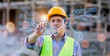 © Have a nice day  - Engineering technician worker connecting link computer technology, futuristic holographic tech architecture innovation analyzing planning building, wearing safety vest and helmet gears.