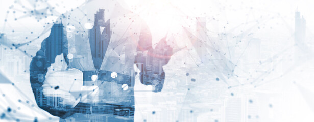Engineering worker industry double exposure city teamwork concept, communication radio transmission connectivity, contractor technician, architect, city plexus background blue banner.