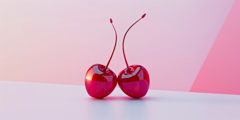 Wall Mural - Glossy Red Cherries on Minimalist Pink and Blue Background