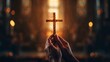 © InnovPixel - A person holds an illuminated wooden cross in a dimly lit church, symbolizing faith and spirituality.