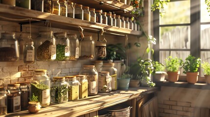 Kitchen pantry, labeled glass jars, hanging herbs, sunlight Rustic charm, detailed closeup, warm hues