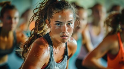 Photo of participants in a HIIT bootcamp, with a coach motivating them and close-ups of sweat and effort.