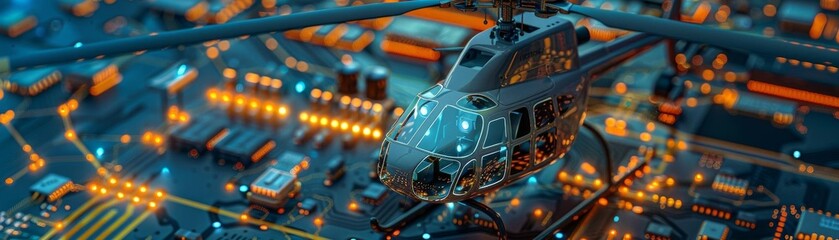 Wall Mural - Photo of a futuristic electric helicopter model connected to an electronic mainboard with AI label, indicating AIpowered aircraft communication systems